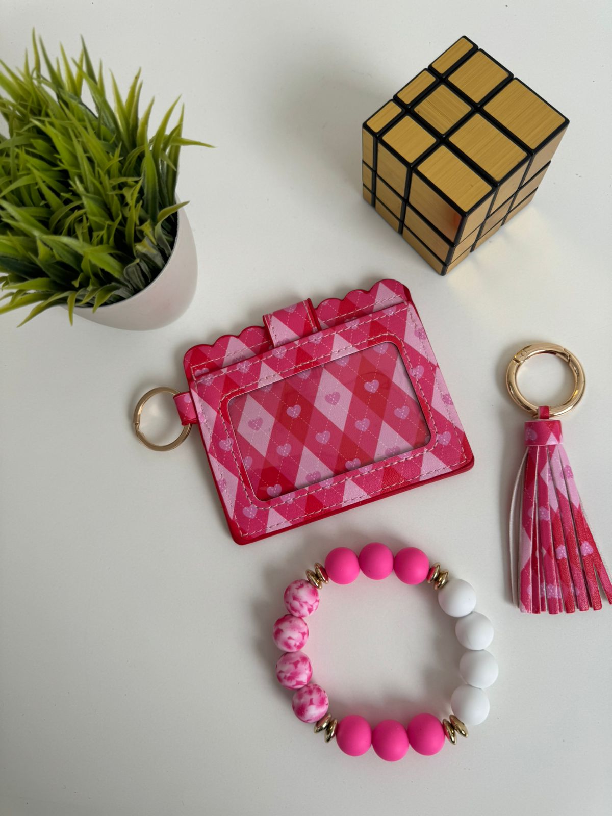 Set tarjetero + pulsera + llavero rombos rosas - Maurez Bags