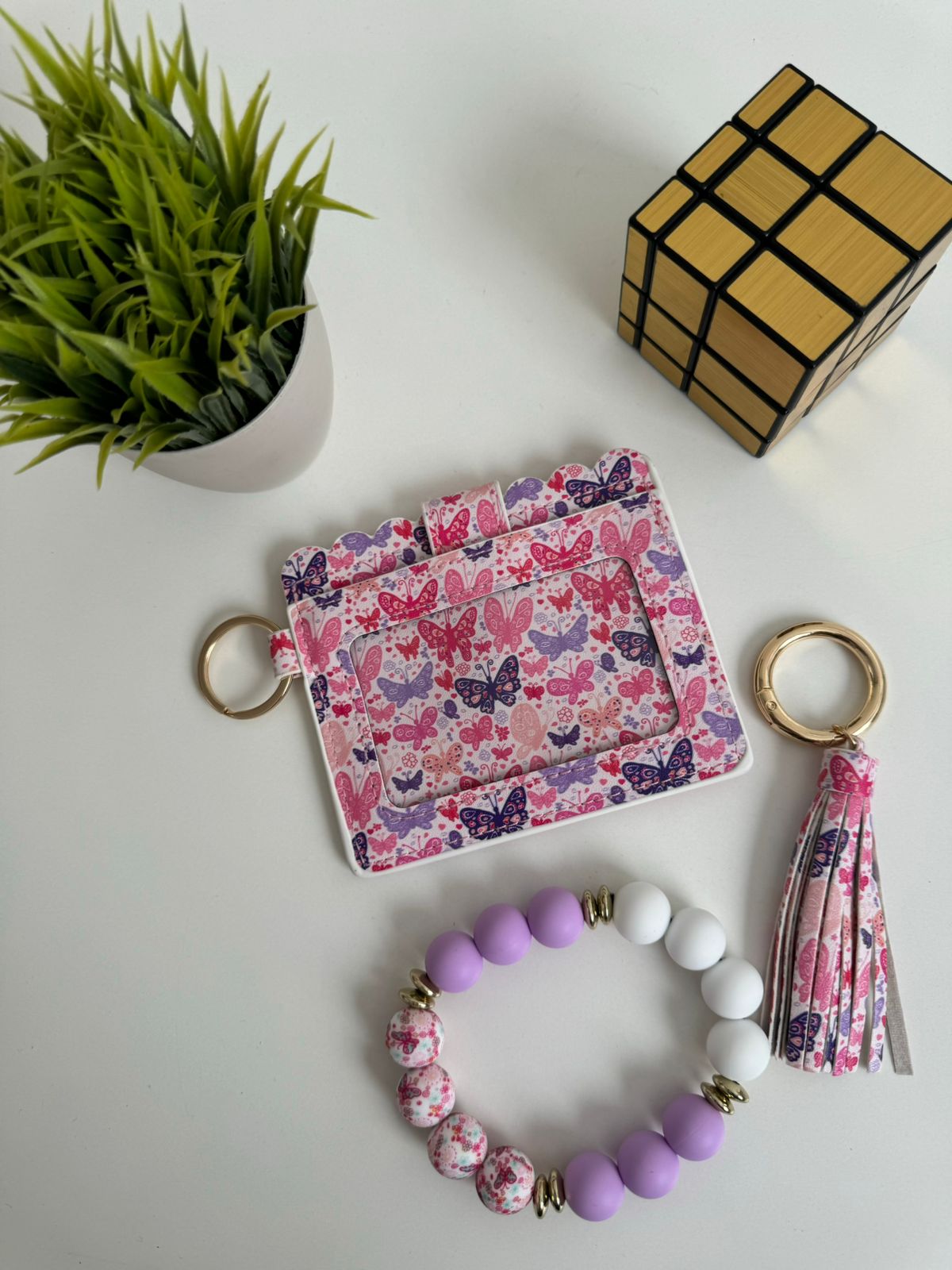 Set tarjetero + pulsera + llavero mariposas rosas - Maurez Bags